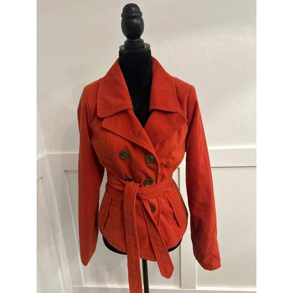 Paris Blues Women's Red Double Breasted Belted‎ Wool Blend Peacoat Jacket Size L